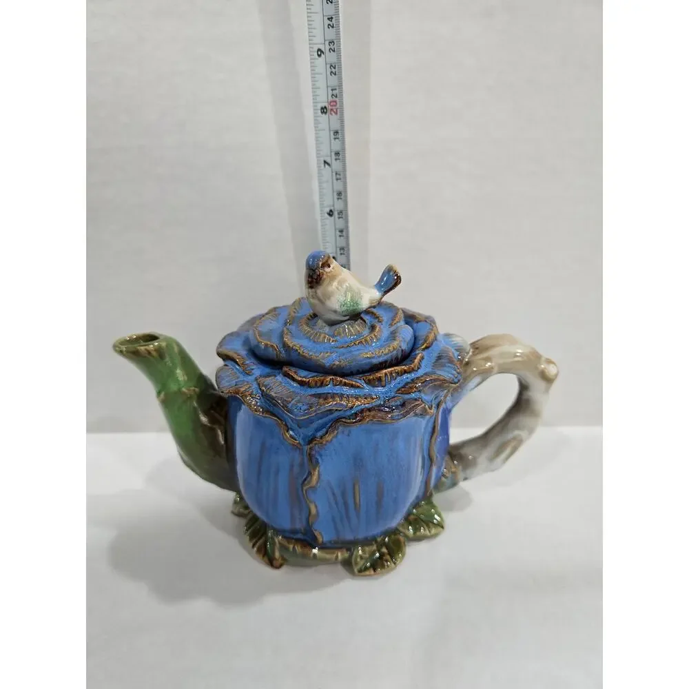 Majolica Style Cabbage Rose Bluebird Finial Ceramic Teapot Floral Decor